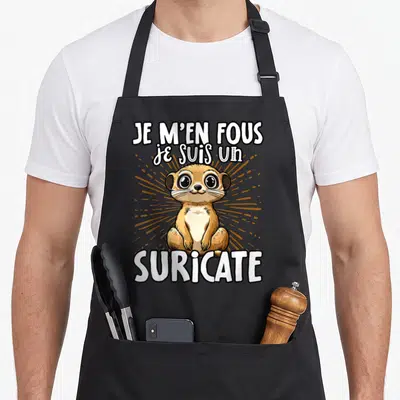 Tablier de cuisine noir avec un suricate mignon aux grands yeux et le texte Je m'en fous je suis un suricate imprimé en blanc.