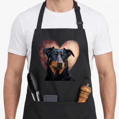 Tablier de cuisine noir avec portrait d'un chien Beauceron devant un cœur aux teintes chaudes et texturées.
