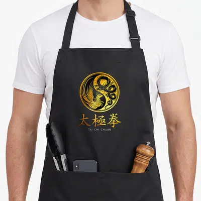 Tablier de cuisine noir avec un motif circulaire doré représentant un dragon et un phoenix entrelacés sous des caractères chinois.