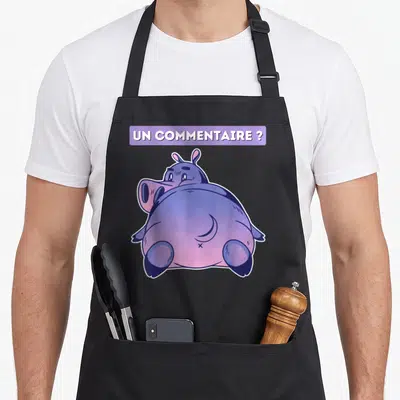 Tablier de cuisine noir avec un hippopotame violet de dos et le texte Un commentaire ?