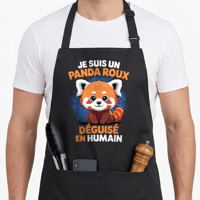 Tablier de cuisine noir avec illustration d'un panda roux souriant et texte humoristique en orange et blanc.