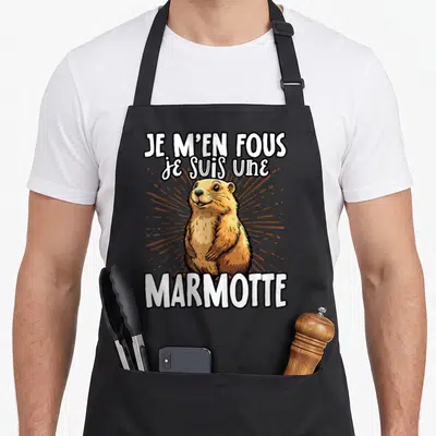 Tablier de cuisine noir avec une marmotte marron souriante et le texte blanc Je m'en fous je suis une marmotte.