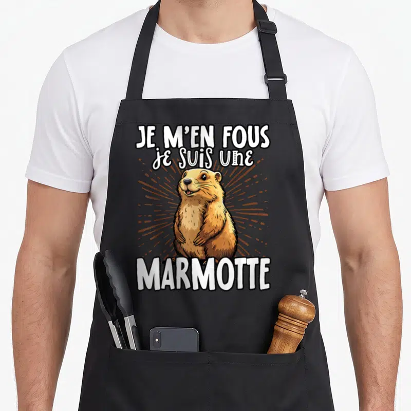 Tablier de cuisine noir avec une marmotte marron souriante et le texte blanc Je m'en fous je suis une marmotte.
