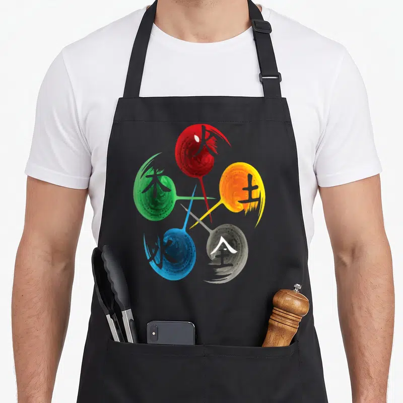 Tablier de cuisine noir avec cinq cercles colorés représentant les éléments et des symboles calligraphiques au centre.