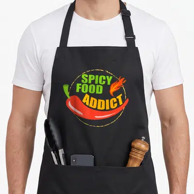 Tablier de cuisine noir orné d'un piment rouge stylisé et du texte Spicy Food Addict en vert et orange.