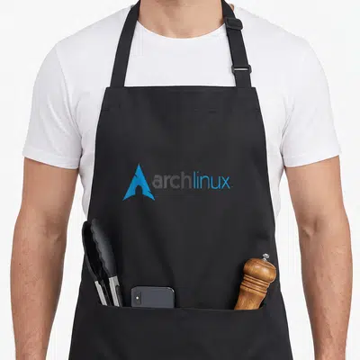 Tablier de cuisine noir avec le logo Arch Linux passionné et l'inscription Open Source Os en bleu et gris.