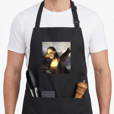 Tablier de cuisine noir avec une illustration de la Mona Lisa effectuant un mouvement dab.
