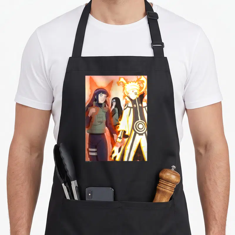 Tablier de cuisine noir avec Naruto en mode chakra orange tenant la main de Hinata Hyuga.