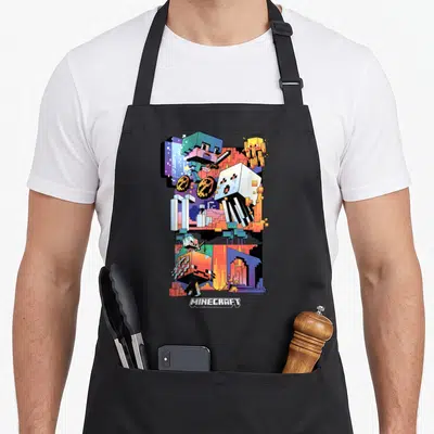 Tablier de cuisine noir avec illustration pixelisée Minecraft monde coloré et personnages blocky