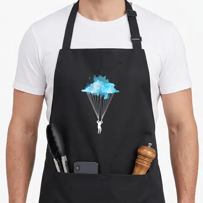 Tablier de cuisine noir avec silhouette blanche accrochée à un parachute nuageux bleu stylisé.
