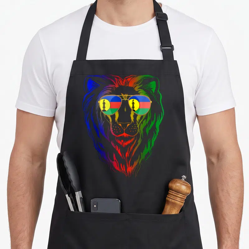 Tablier de cuisine noir avec tête de lion aux couleurs du drapeau calédonien et lunettes aviateur.
