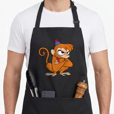 Tablier de cuisine noir avec illustration d'Abu le singe aux bras croisés et expression méchante.