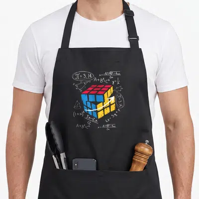 Tablier de cuisine noir avec un cube tridimensionnel coloré et des équations mathématiques blanches dispersées autour.