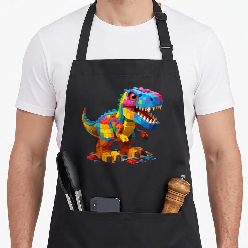Tablier de cuisine noir avec un dinosaure Tyrannosaurus Rex construit en blocs de construction multicolores aux teintes vives.
