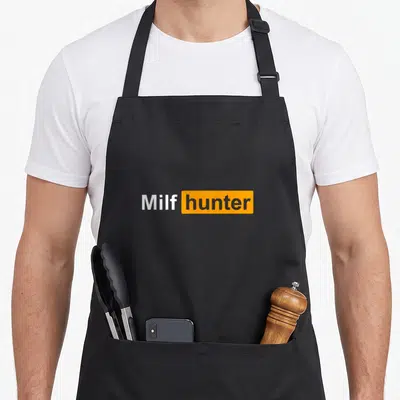 Tablier de cuisine noir avec inscription Milf hunter en blanc et gris dans un rectangle orange.