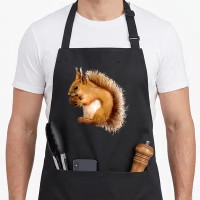 Tablier de cuisine noir avec illustration d'écureuil roux tenant une noix dans ses pattes avant