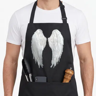 Tablier de cuisine noir avec grandes ailes d'ange blanches détaillées imprimées sur le dos.