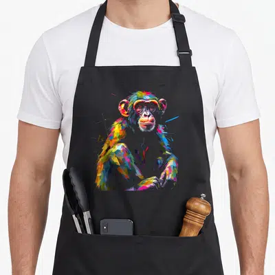 Tablier de cuisine noir avec un singe animal zoo coloré en art géométrique multicolore et expressif.
