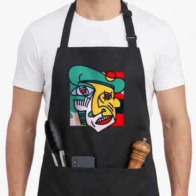 Tablier de cuisine noir avec un portrait cubiste coloré aux yeux rouges et au chapeau vert.