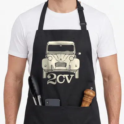Tablier de cuisine noir avec illustration frontale beige d'une Citroën 2CV pour Dark et l'inscription 2CV en bas.