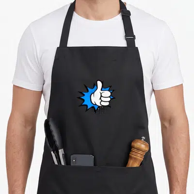 Tablier de cuisine noir avec un pouce levé blanc sur fond d'explosion bleue style comics