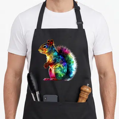 Tablier de cuisine noir avec illustration d'un écureuil aux couleurs vives et stylisées.