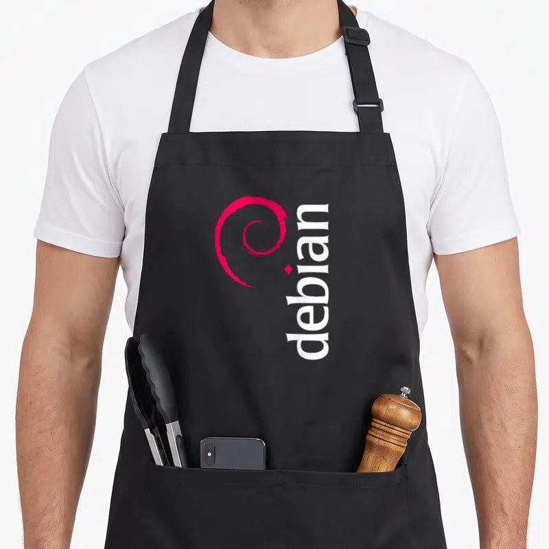 Tablier de cuisine noir avec logo spiral rose et texte debian écrit verticalement en blanc.