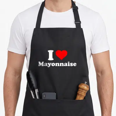 Tablier de cuisine noir avec inscription blanche J'adore la mayonnaise et un cœur rouge vif au centre.