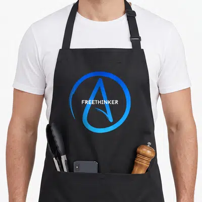 Tablier de cuisine noir avec logo Freethinker bleu et lettre A stylisée dans un cercle.