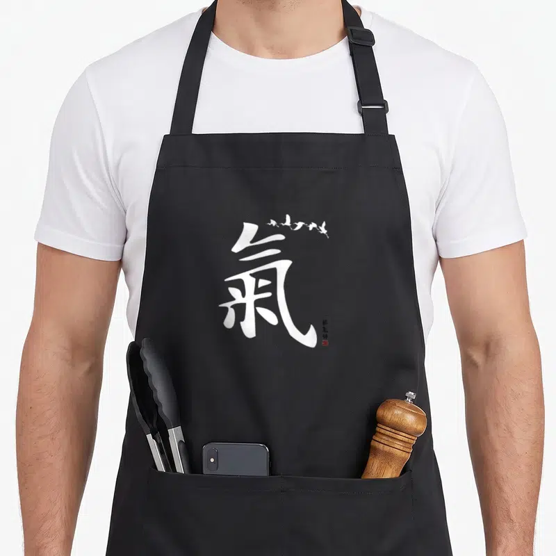 Tablier de cuisine noir avec un grand caractère chinois blanc surmonté d'oiseaux en vol et une signature rouge.