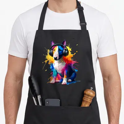 Tablier de cuisine noir avec un Miniature Bull Terrier aux écouteurs en splash art multicolore