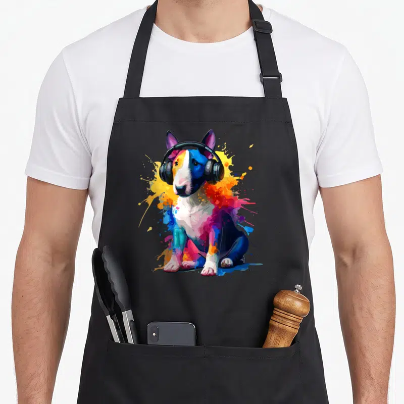 Tablier de cuisine noir avec un Miniature Bull Terrier aux écouteurs en splash art multicolore