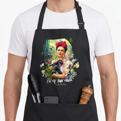 Tablier de cuisine noir avec illustration colorée de Frida Kahlo tenant un singe entouré de colibris et de fleurs exotiques.