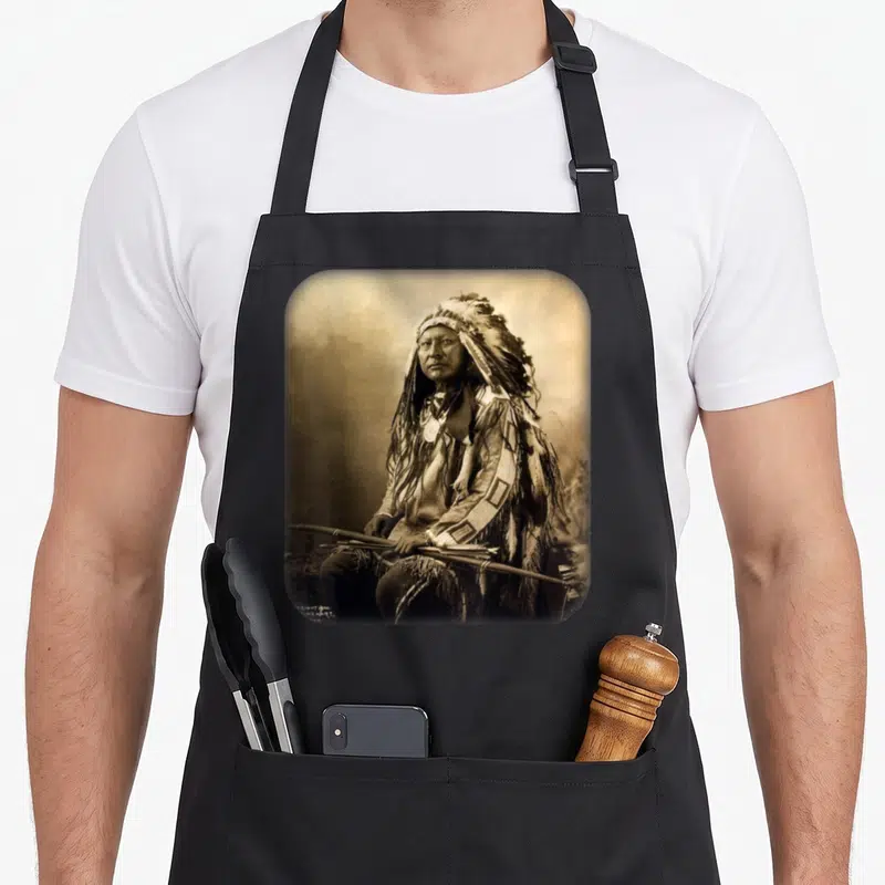 Tablier de cuisine noir avec portrait sépia d'un chef amérindien coiffé d'une plume et tenant des flèches.
