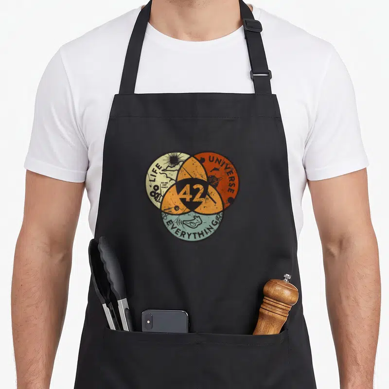 Tablier de cuisine noir avec un diagramme de Venn coloré affichant le chiffre 42 au centre des cercles Vie, Univers et Tout.