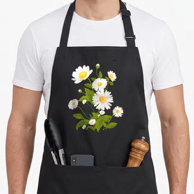 Tablier de cuisine noir avec un bouquet de marguerites blanches aux cœurs jaunes et des feuilles vertes.