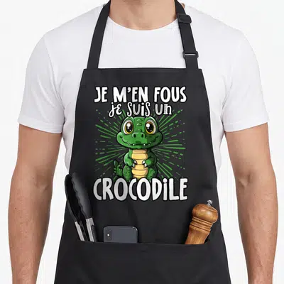 Tablier de cuisine noir avec un crocodile vert mignon et le texte Je m'en fous je suis un crocodile imprimé en blanc.