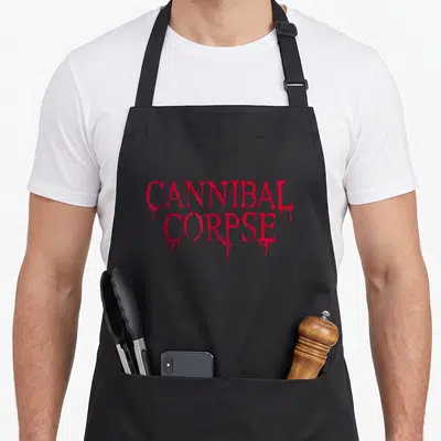 Tablier de cuisine noir avec le logo Cannibal Corpse en rouge imitant du sang qui dégouline.