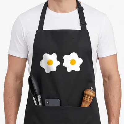 Tablier de cuisine noir avec deux œufs au plat blancs et jaunes imitant un bikini.