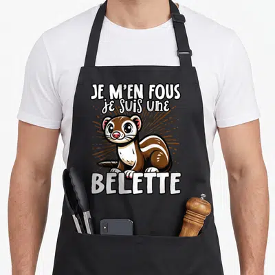 Tablier de cuisine noir avec illustration d'une belette mignonne et texte blanc Je m'en fous je suis une belette