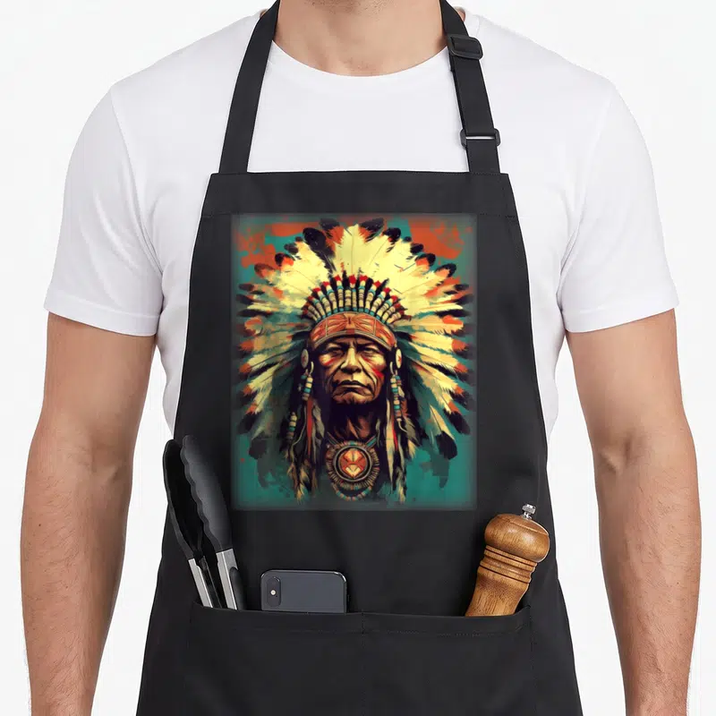 Tablier de cuisine noir avec un portrait de chef amérindien portant une grande coiffe de plumes blanches et noires sur fond turquoise.