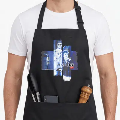 Tablier de cuisine noir avec collage bleu a-ha Life portraits et typographie rock des années 80