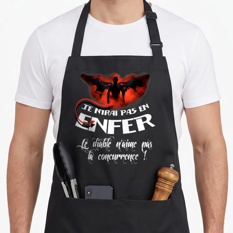Tablier de cuisine noir avec silhouette démoniaque rouge et texte blanc Je n'irai pas en enfer.