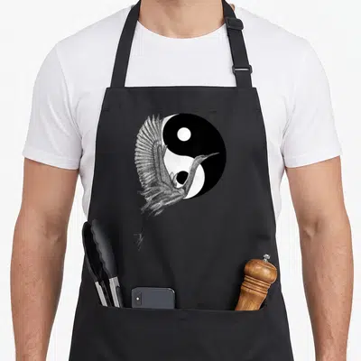 Tablier de cuisine noir avec une illustration de grue aux ailes déployées devant un cercle Yin Yang noir et blanc.