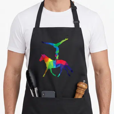 Tablier de cuisine noir avec illustration géométrique d'un cavalier acrobate sur un cheval aux couleurs vives.