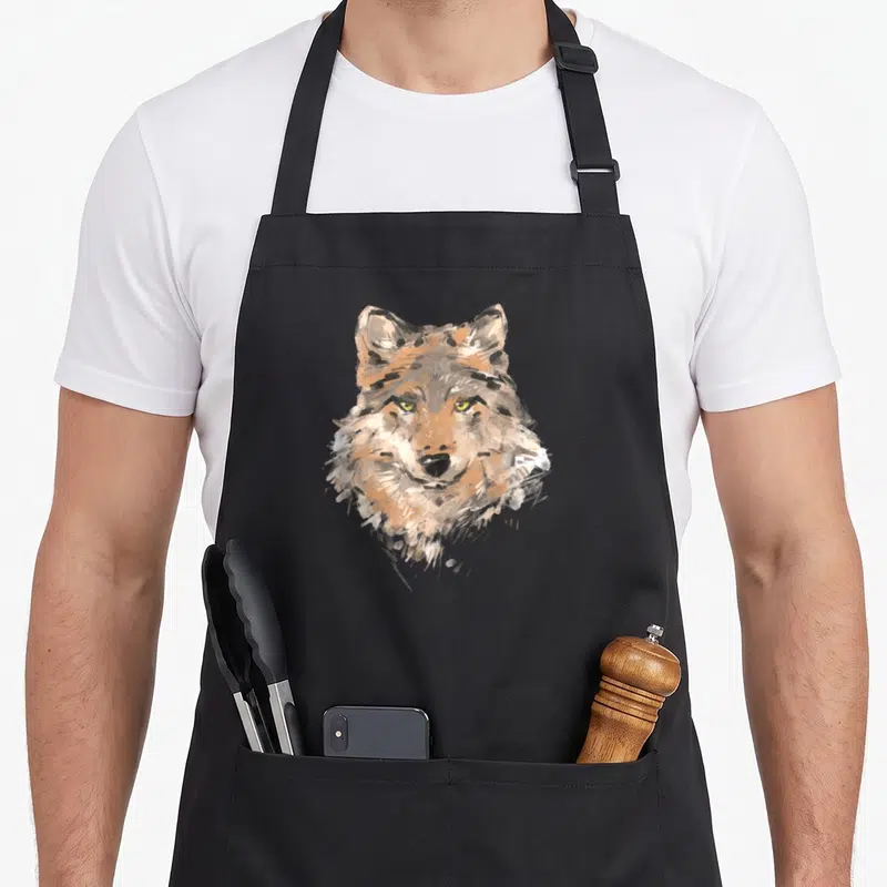 Tablier de cuisine noir avec tête de loup dessinée au pinceaux aux yeux jaunes vifs