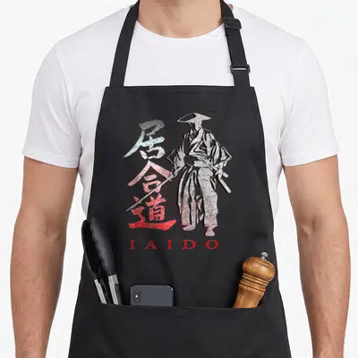 Tablier de cuisine noir avec illustration d'un samurai et des caractères japonais Iaido en blanc et rouge.