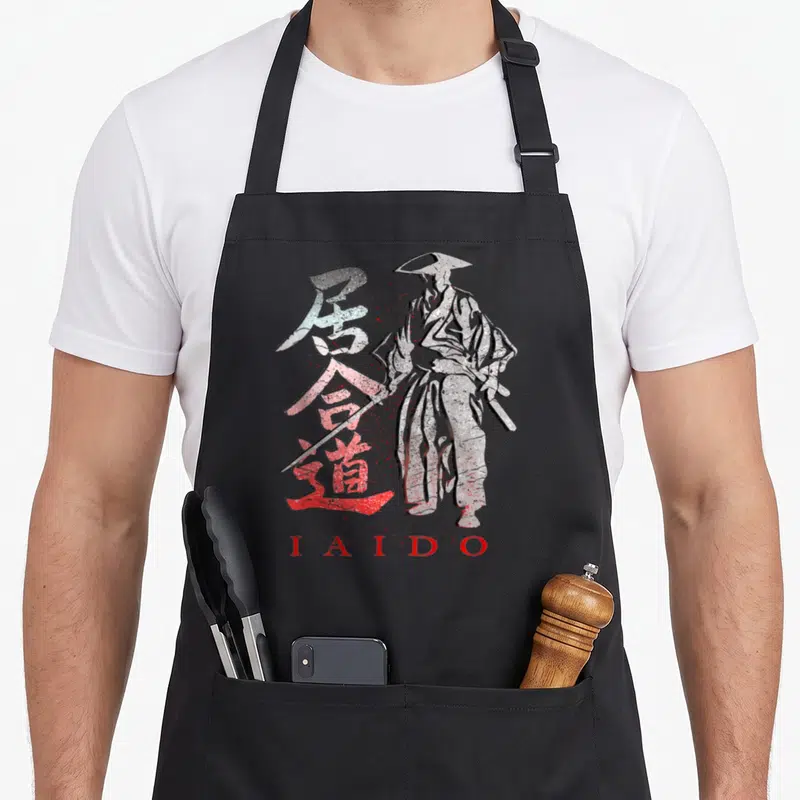Tablier de cuisine noir avec illustration d'un samurai et des caractères japonais Iaido en blanc et rouge.