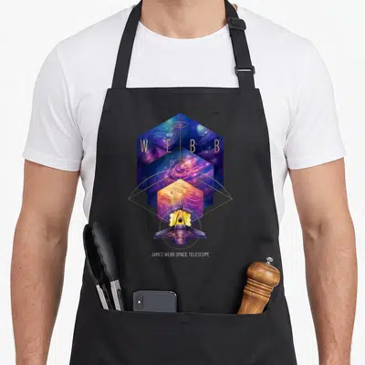 Tablier de cuisine noir avec illustration géométrique du télescope spatial James Webb sur fond cosmique violet et doré.