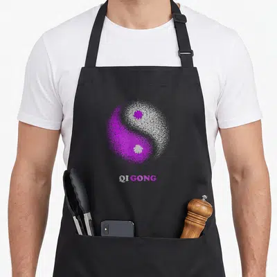 Tablier de cuisine noir avec un Yin Yang Qigong violet et blanc ponctué et le mot Qi Gong en dessous.